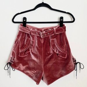 self-portrait - velvet shorts zip & lace-up pink